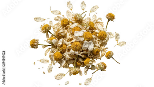Foto Dried chamomile flowers with yellow centers and delicate white petals, isolated