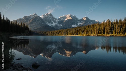 Mountain lake reflection with pine trees during golden hour cinematic motion