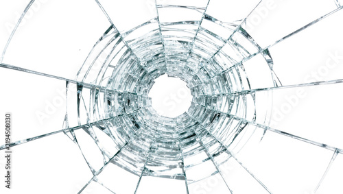 Fotografie Shattered glass with radial cracks and a central hole, isolated on transparent b