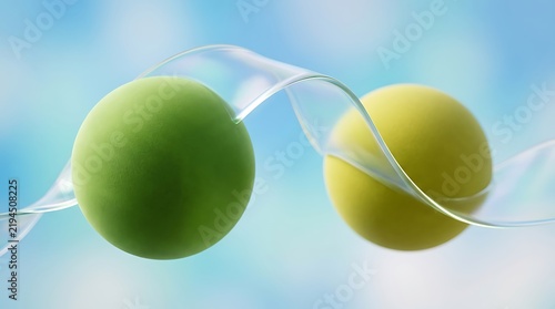 Two green spheres connected by a flowing transparent glass ribbon on a soft blue background