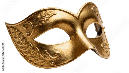 Obraz na płótnie Ornate golden masquerade mask with leaf and scroll details, isolated on transpar