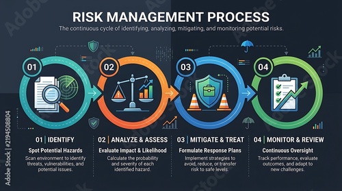 Risk management process infographic, corporate business strategy workflow diagram, four steps of risk assessment and mitigation planning