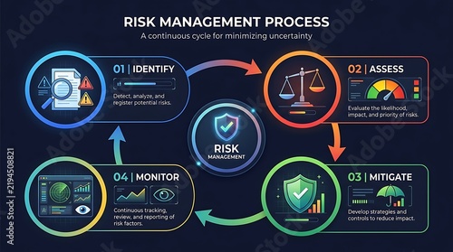 Risk management process infographic on dark background, business strategy diagram with four steps, corporate assessment and mitigation cycle