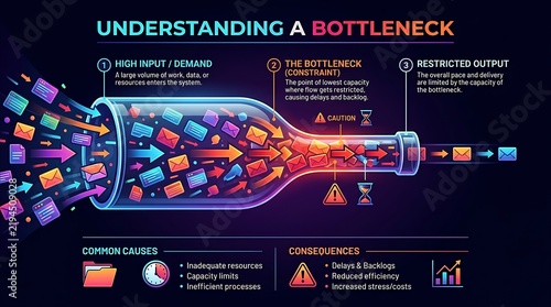 Business bottleneck infographic illustrating workflow constraints, supply chain management diagram, process efficiency and restricted output concept