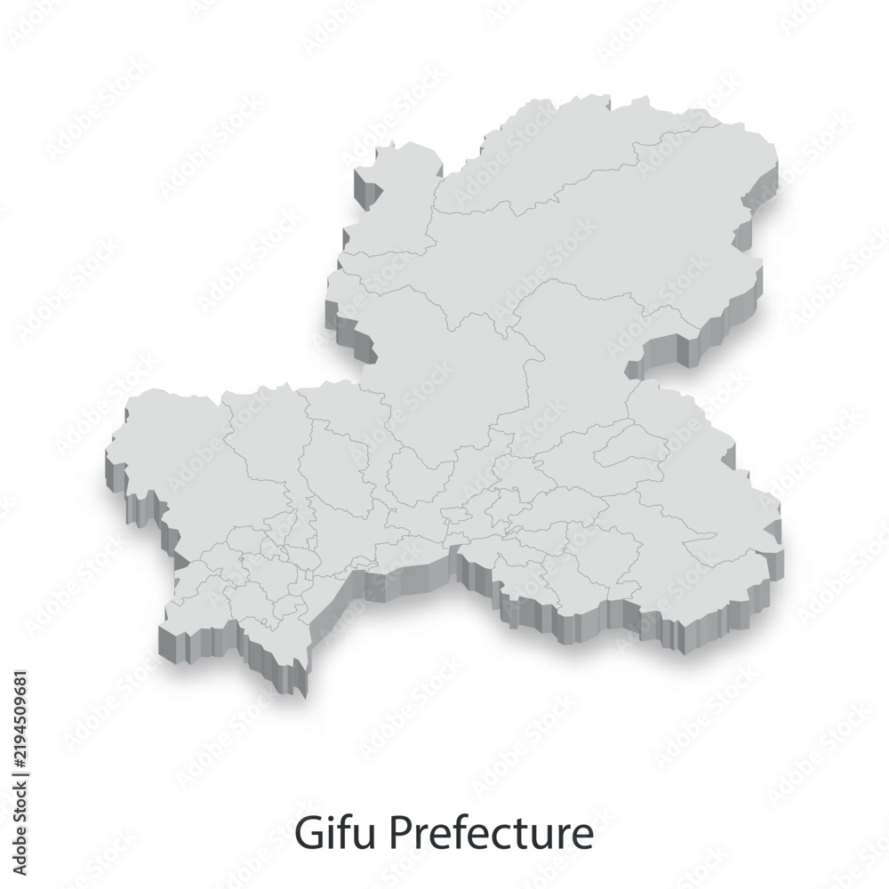 Obraz premium 3D Map of Gifu Prefecture, Japan - Administrative Divisions