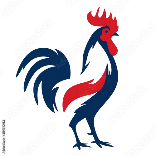 French rooster icon, modern logo stylized cockerel illustration in national flag colors, isolated on white or transparent background, minimal Gallic symbol of France patriotic design, png cut out