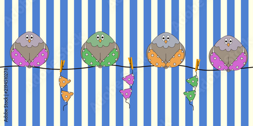 Funny Pigeon with breast and bra on the rope. Vector illustration of trendy Bird with big eyes on Abstract Striped background. Perfect child room decor.  EPS 10