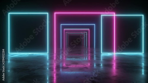 Neon geometric tunnel with reflections moving forward in dark environment with cinematic motion