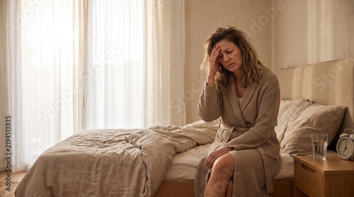 Stressed woman with headache sitting on bed, exhausted mature female suffering from migraine in bedroom, tired person feeling unwell at home