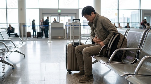 Asian man suffering from stomach pain in airport terminal, traveler with abdominal ache sitting in departure lounge, passenger feeling sick during travel