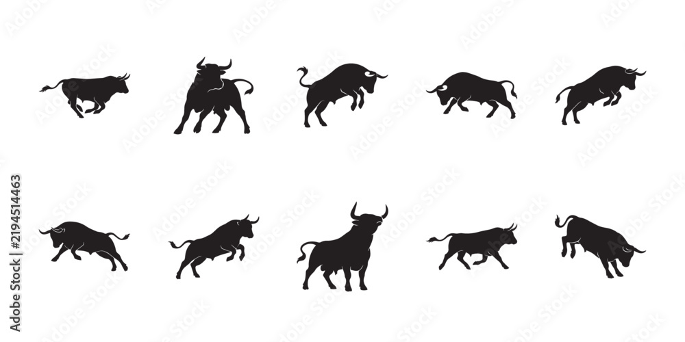 Obraz premium Aubrac cattle walking animal shapes. Assorted vector silhouettes of wild farm bulls in moving and standing poses on isolated white background.
