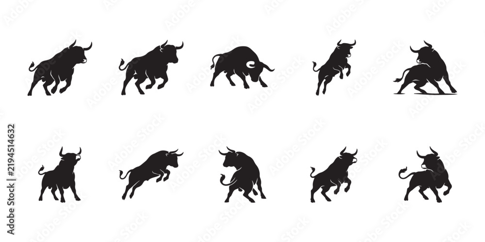 Obraz premium Brown swiss cattle action shapes. Dynamic black silhouettes of wild bulls jumping and running for farm and dairy agriculture design.