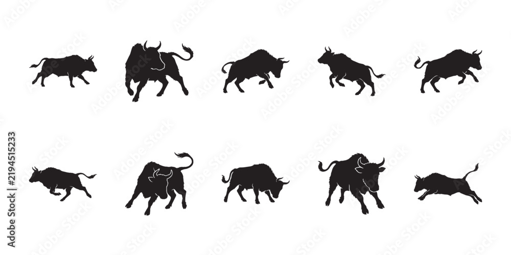Fototapeta premium Nepalese lulu cattle silhouettes. Himalayan dwarf taurine breed vectors for mountain farm livestock designs.