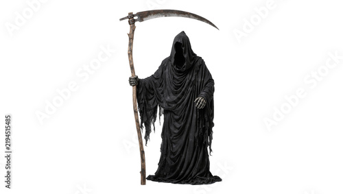 Obraz na płótnie Grim Reaper figure with tattered black robe and scythe, isolated on transparent
