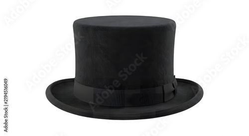 Classic black top hat with a matching satin ribbon band, isolated on a solid dark background, formal gentleman or magician accessory.