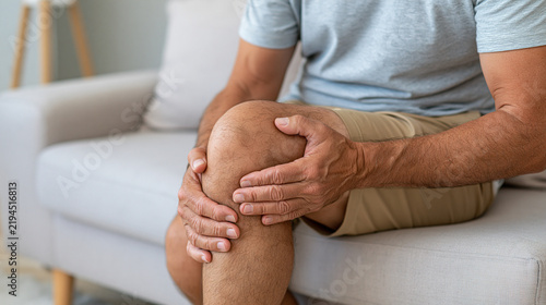 Mature man sitting on a light couch at home and touching an acutely painful knee, selective focus on hands and joint with face blurred, calm neutral interior, rheumatoid arthritis concept,