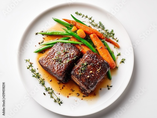 Braised beef short ribs with carrots and green beans top view