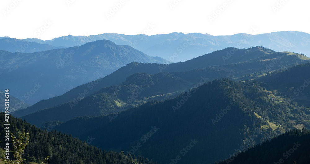 Obraz premium Panoramic Blue Mountain Peaks with Forest Slopes Cutout isolated on transparent background. PNG file.