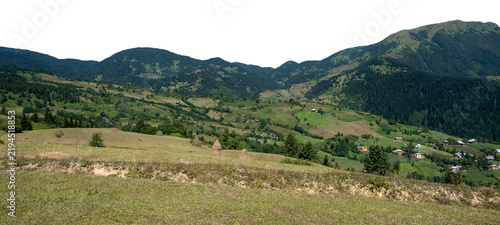 Green Mountain Landscape and Traditional Haystacks Cut Out isolated on transparent background. PNG file.