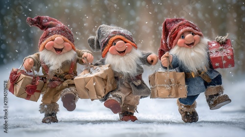 Cute winter gnomes carrying Christmas gifts in snow