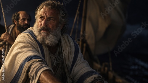 Bearded apostle in boat on stormy sea at night looking with fear. Old fisherman and disciple rowing through dark waves during wind.