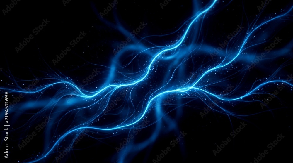 Fototapeta premium Abstract background with glowing blue energy waves and light particles flowing against a dark backdrop