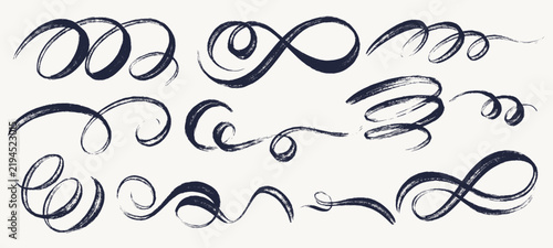 Black swirl charcoal lines collections. Calligraphy swirls, thin squiggles, doodle style sketch elements for design use. Hand drawn Scribble curly brush strokes vector set with dry pencil textures.