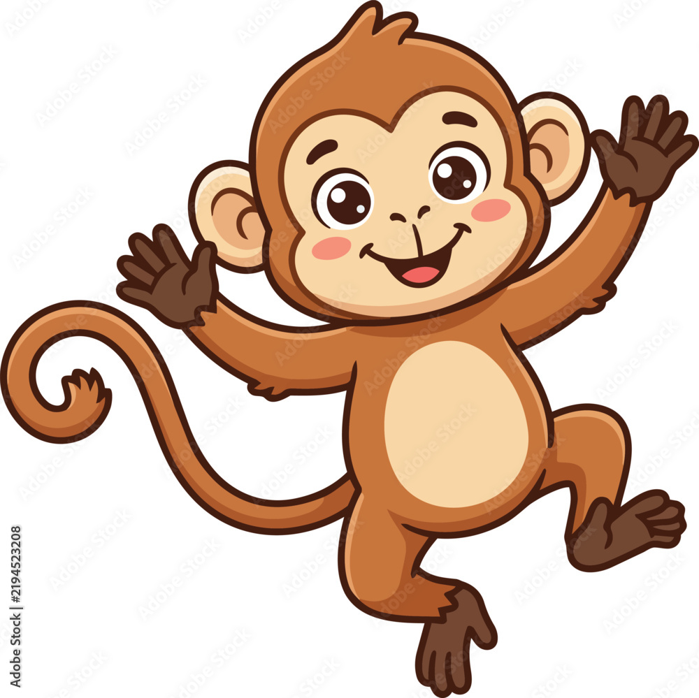 Obraz premium Cute and playful cartoon monkey jumping with joyful expression isolated on white background