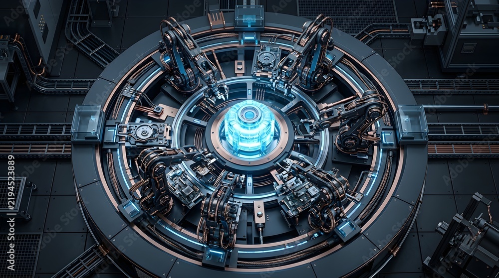 Obraz premium Futuristic industrial circular assembly station with robotic arms and glowing blue energy core in a hightech manufacturing facility