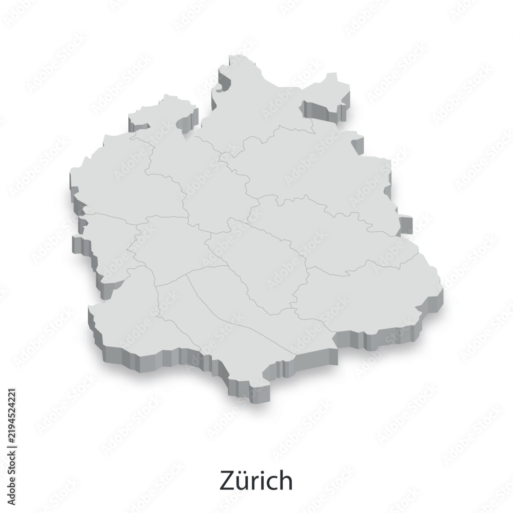 Fototapeta premium 3D Map of Zurich Canton, Switzerland - Administrative Divisions