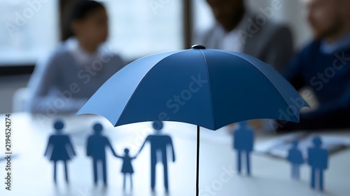 Blue umbrella protects paper cutout family figures on a table with blurred people in background