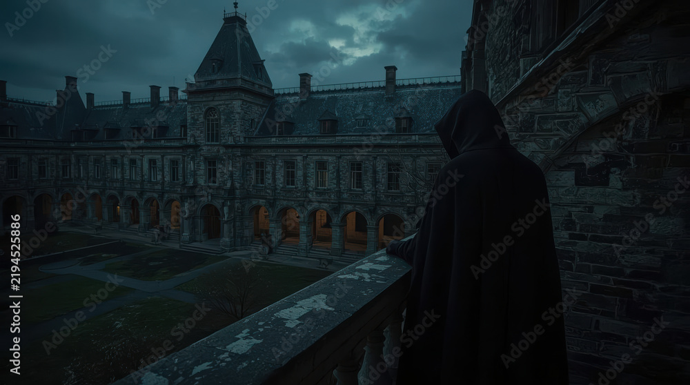 Fototapeta premium Dark historical castle courtyard with hooded figure under stormy sky