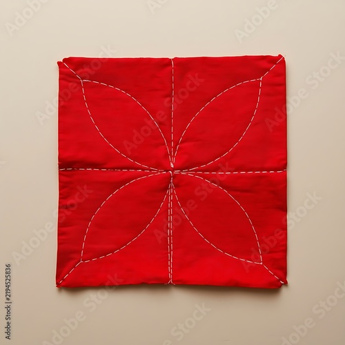 Red Fabric with Hand Stitched Floral Leaf Pattern