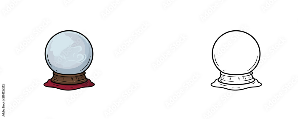 Obraz premium Magic fortune teller crystal ball on wooden stand vector illustration in flat color and black line art styles on white background for witchcraft esoteric design