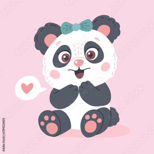 Cute panda character. Playful girl illustration with a bow and heart, children vector poster
