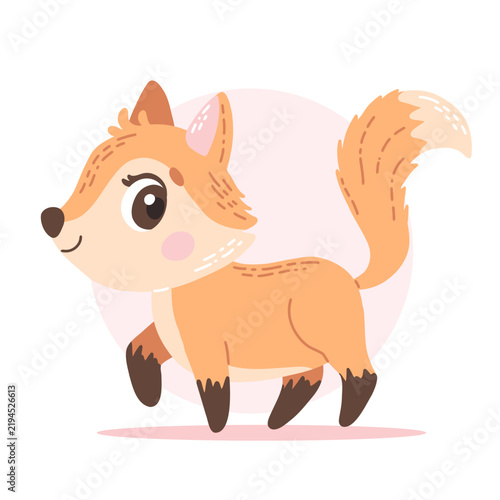 Cute funny fox illustration standing a fluffy tail. Hand drawn vector children character