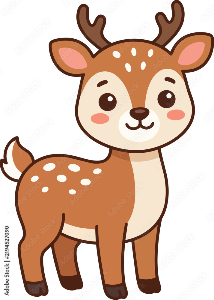 Obraz premium Cute cartoon fawn deer vector illustration, sweet baby animal character with spots and antlers