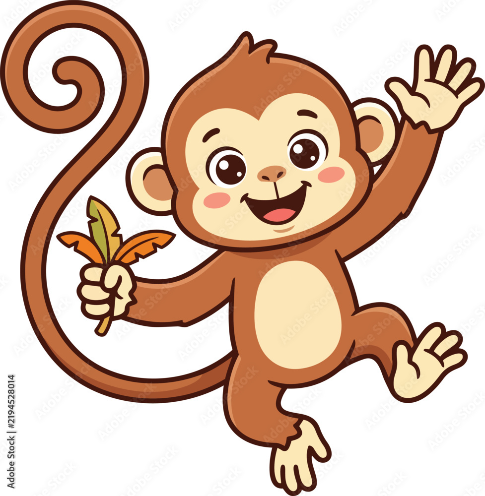 Obraz premium Cute cartoon monkey waving its hand happily while holding a colorful feather in its playful paw
