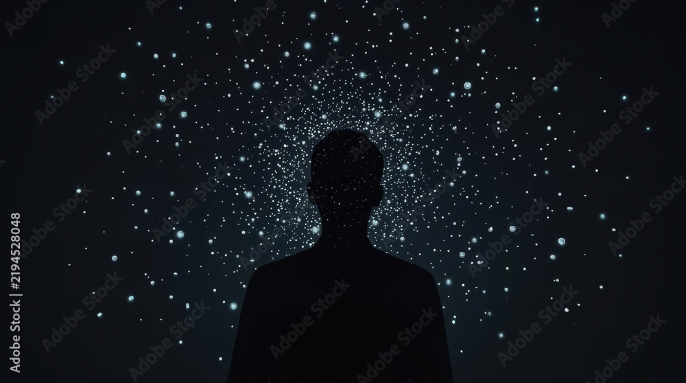 Fototapeta premium Anonymous silhouette beneath starry night sky expressing existence and cosmic wonder