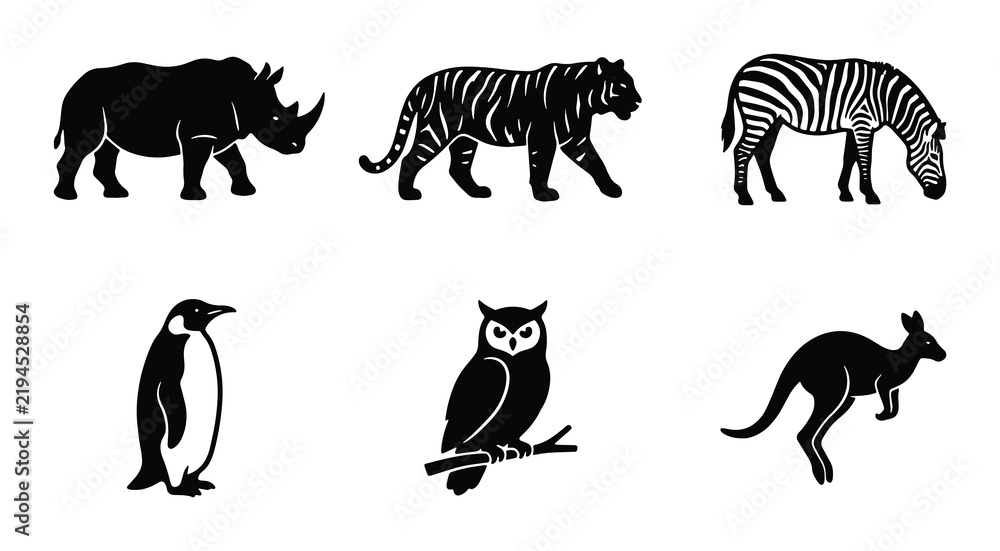 Fototapeta premium Diverse Wildlife Silhouettes: Rhinoceros, Tiger, Zebra, Penguin, Owl, Kangaroo Icons