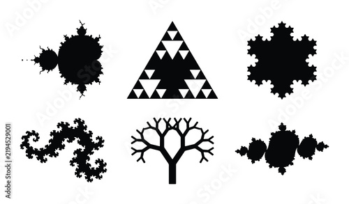 Bild auf Leinwand Abstract Fractal Geometric Shapes, Black Silhouettes on White Background, Mathem