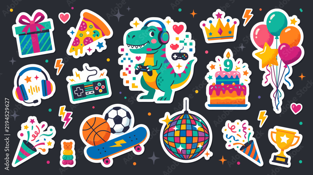 Fototapeta premium Birthday Party Dinosaur With Gifts, Cake, Pizza, And Games Sticker Pack