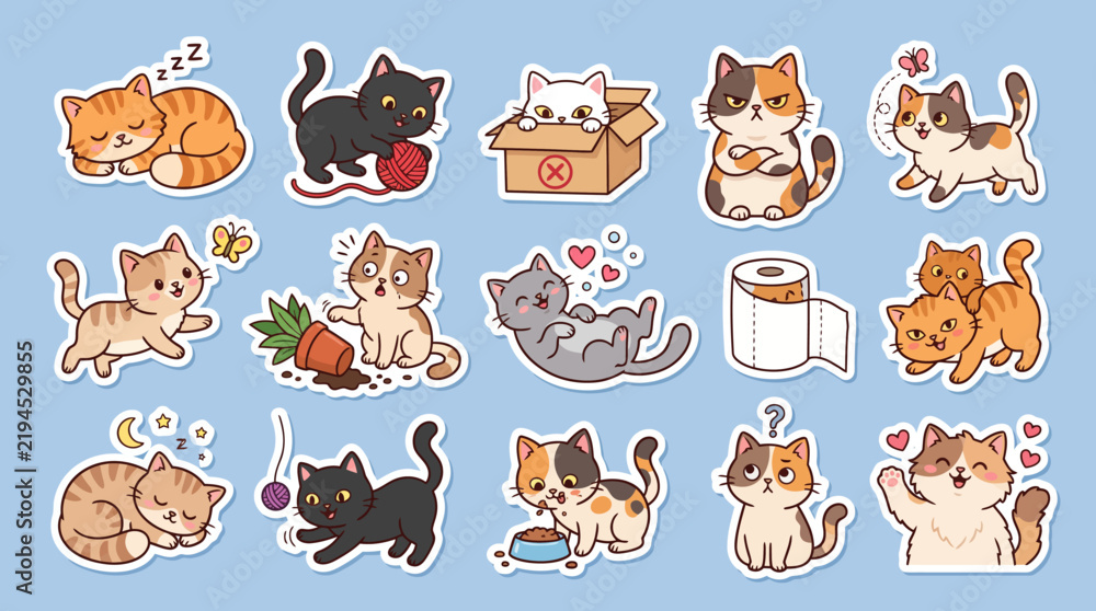 Obraz premium Adorable Vector Cat Stickers A Delightful Collection of Playful Kitten Illustrations