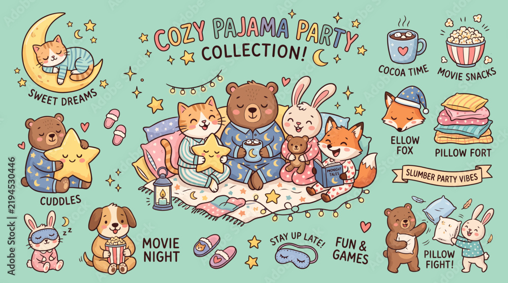 Fototapeta premium Cozy Pajama Party Collection with Cute Animals and Sleepover Elements