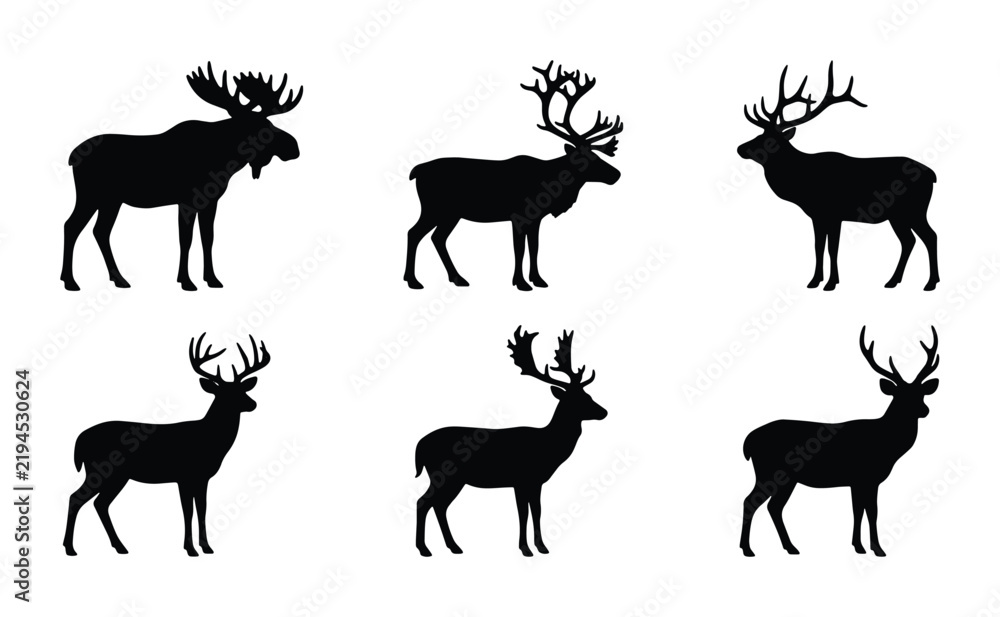 Fototapeta premium Six Silhouette Deer and Moose Vector Icons, Wildlife Animal Graphics, Forest Fauna Collection
