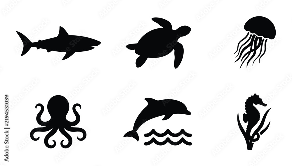 Fototapeta premium Oceanic Wildlife Silhouettes: Shark, Turtle, Jellyfish, Octopus, Dolphin, Seahorse Icons