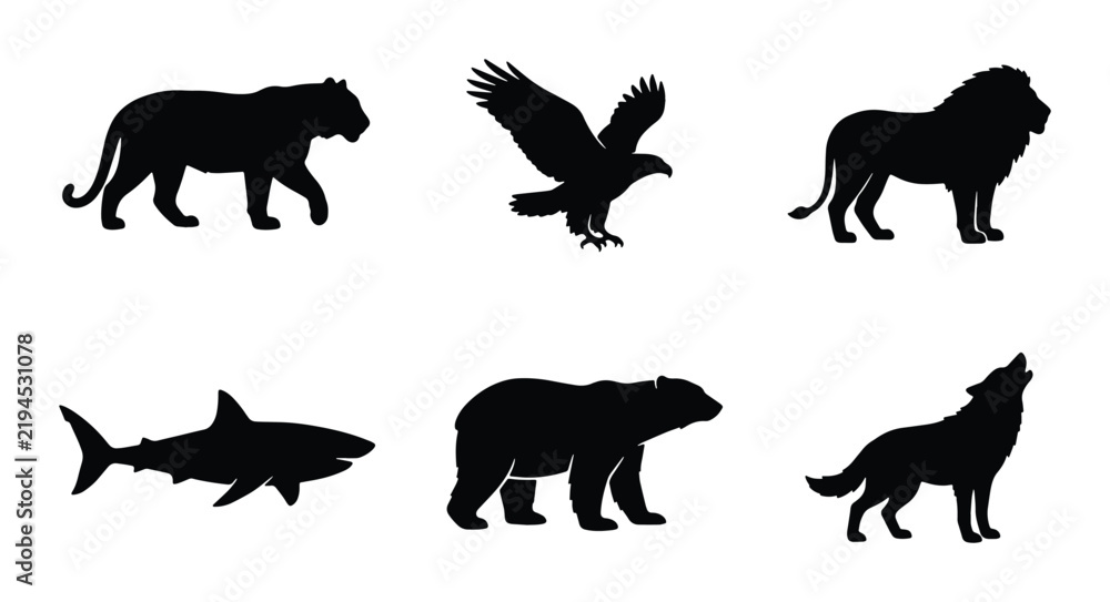 Obraz premium Wild Animal Silhouettes: Tiger, Eagle, Lion, Shark, Bear, Wolf Icons for Nature and Wildlife Designs