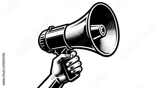 Cuadro en lienzo Black hand holding a vintage megaphone, isolated on transparent background