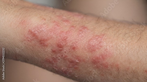 Close up view of human arm with severe skin rash and inflammation.