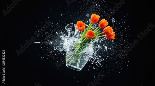 High-speed photograph capturing a bullet shattering a glass vase with orange tulips, frozen shards and water spraying in mid-air on black, explosion, impact, flying